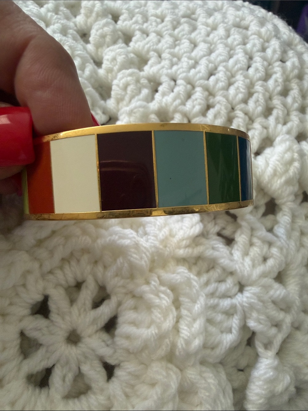 Coach Gold-Tone Enamel Bangle with Pink, Cream, Lime, Rust, and Brown Panels - Picture 2 of 5